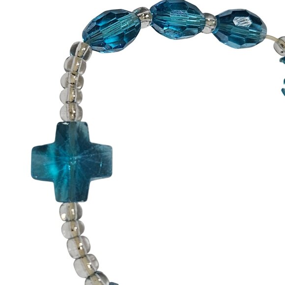 Blue Crystal Cross Beaded Stretch Bracelet Religious Inspirational Jewelry Women - Picture 2 of 3